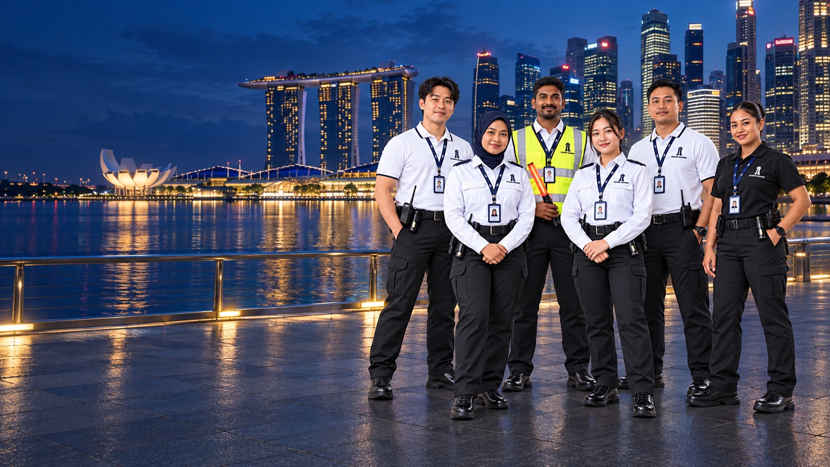 Multiracial Tower Guard team in polo, long-sleeved, traffic-control and event-security uniforms