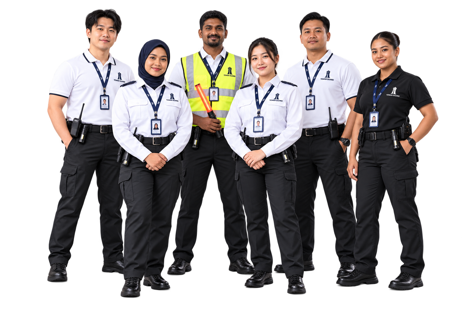 Multiracial Tower Guard team in polo, long-sleeved, traffic-control and event-security uniforms